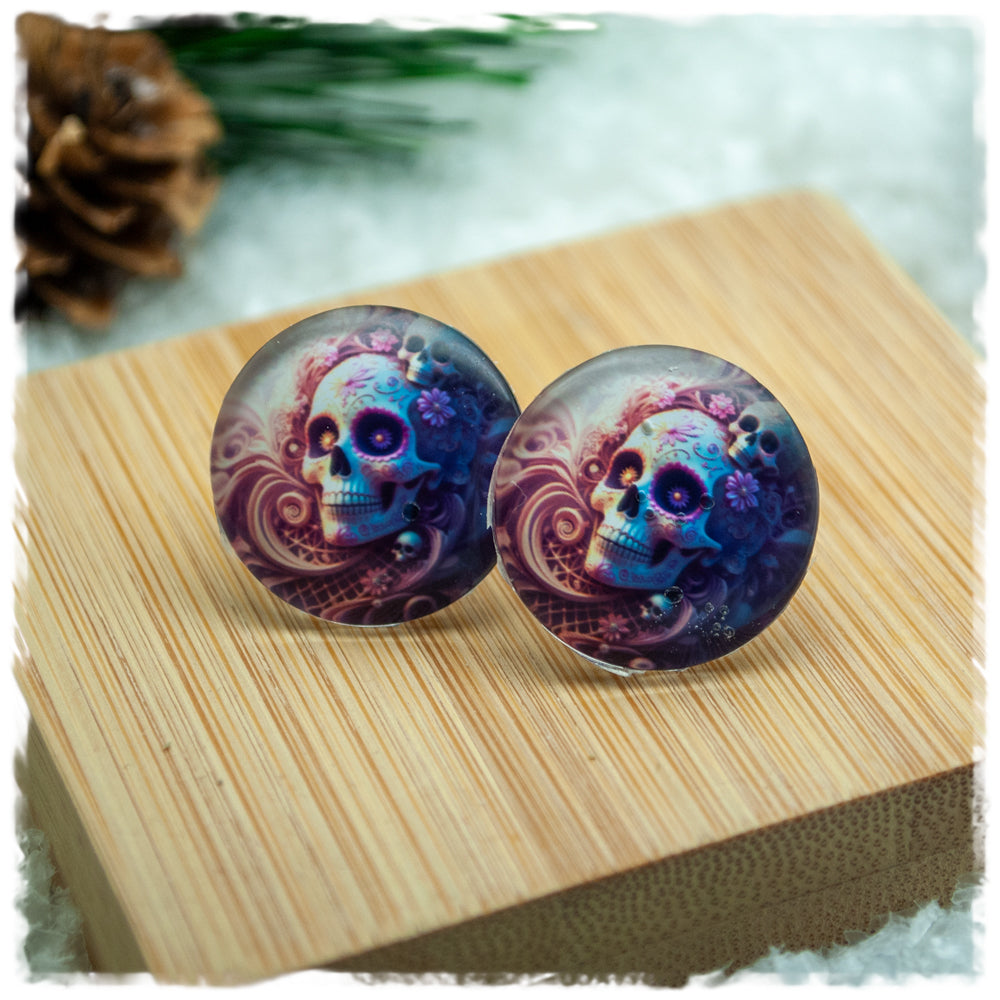 Ohrringe in 20 mm beige violett mit Totenkopf