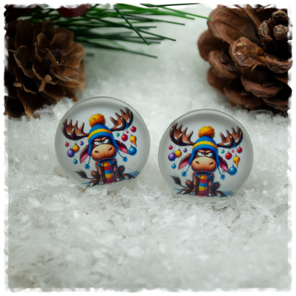 Ohrringe grimmiger Elch mit bunten Weihnachtskugeln