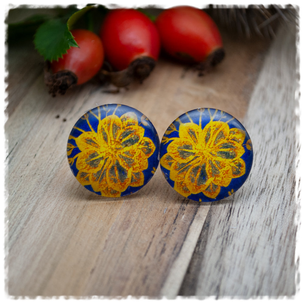 Ohrringe blau mit goldener Blüte