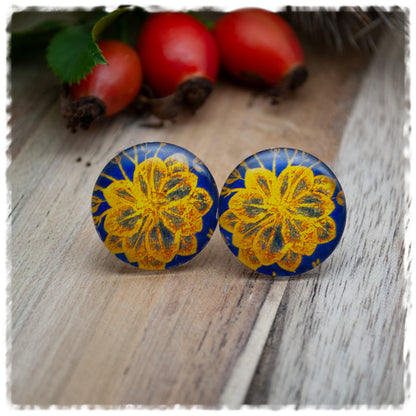 Ohrringe blau mit goldener Blüte