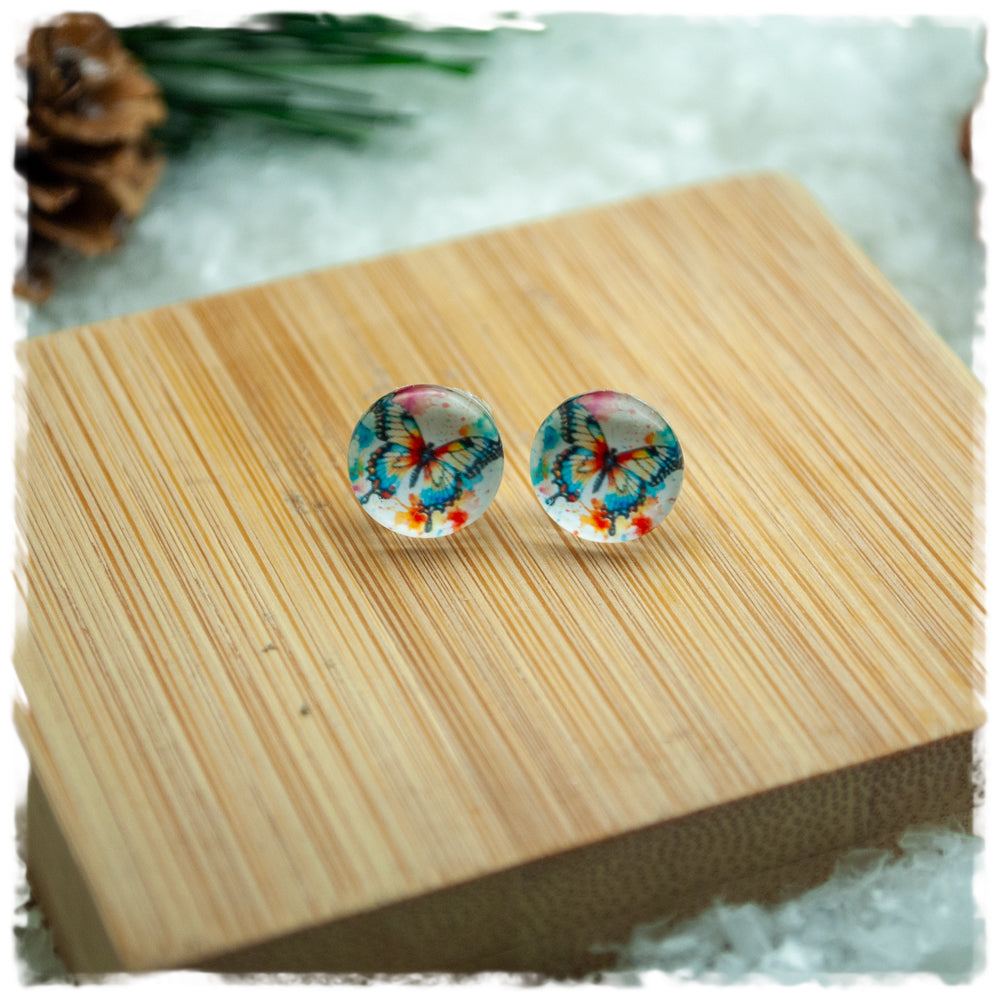 Ohrringe in 10 mm weiß bunt gemustert mit Schmetterling