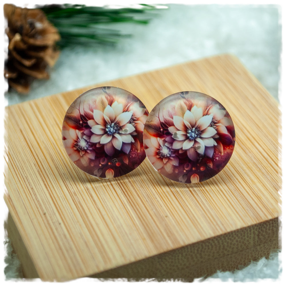 Ohrringe in 20 mm hellbraun mit beiger Blüte