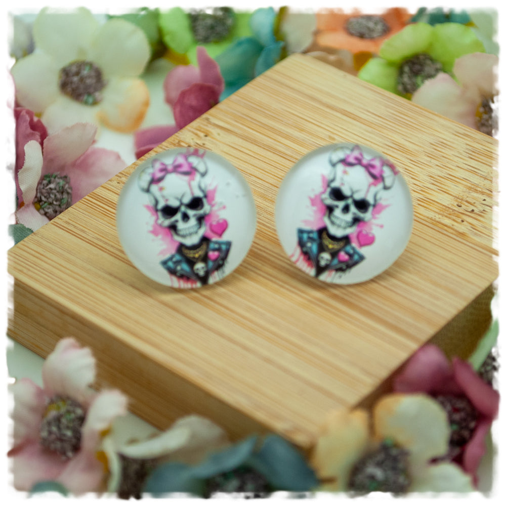 Ohrringe Totenkopf mit rosa Schleife - Jackelina
