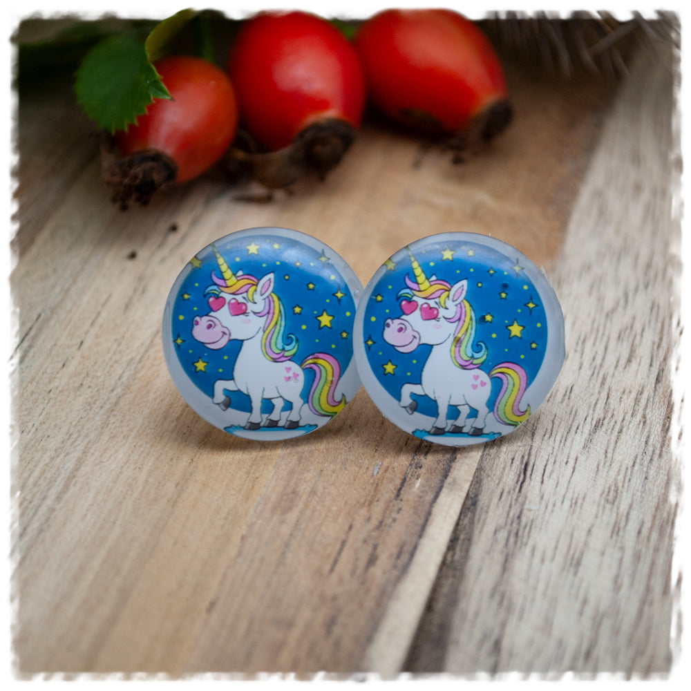 Ohrringe blau mit Einhorn und Sternen