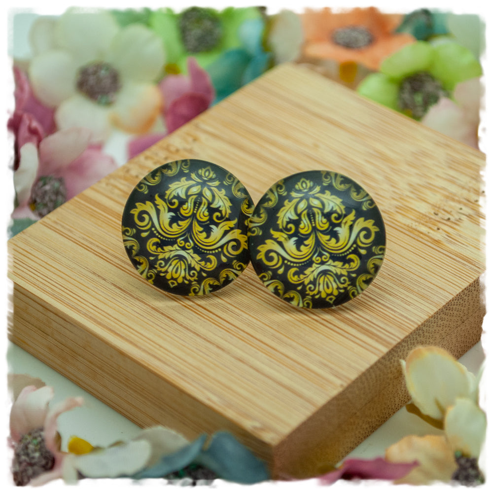 Ohrringe dunkelgrau mit goldenem Ornament