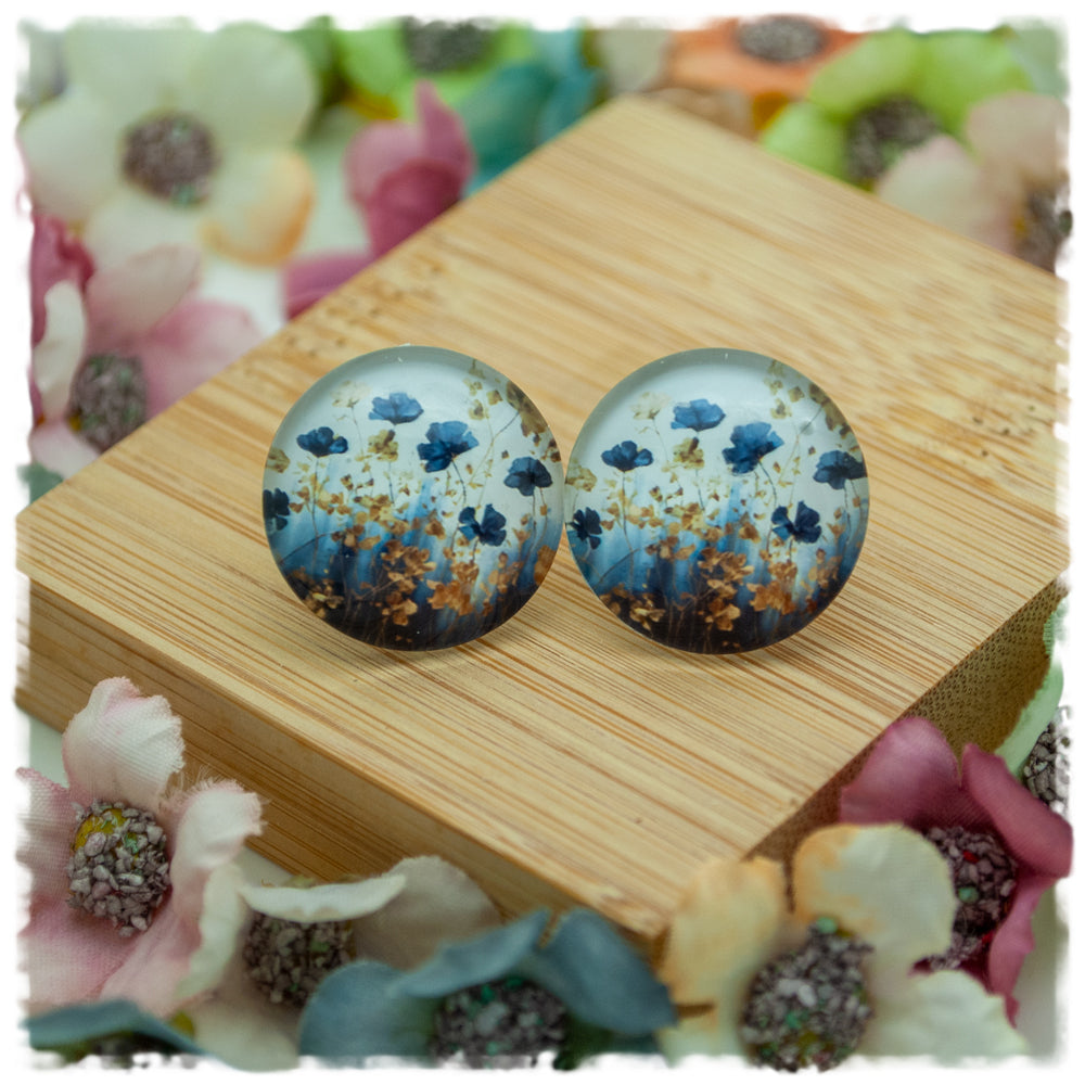 Ohrringe blaugrau beige mit blauen Blumen - Jackelina
