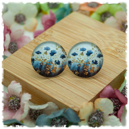 Ohrringe blaugrau beige mit blauen Blumen - Jackelina