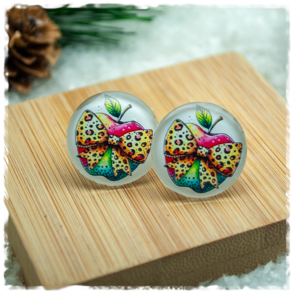 Ohrringe bunter Apfel mit Leoprintschleife