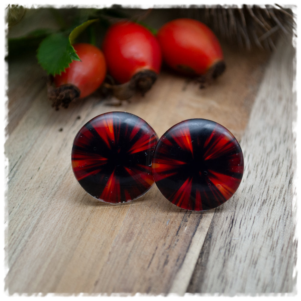 Ohrringe schwarz mit rot orangem Muster