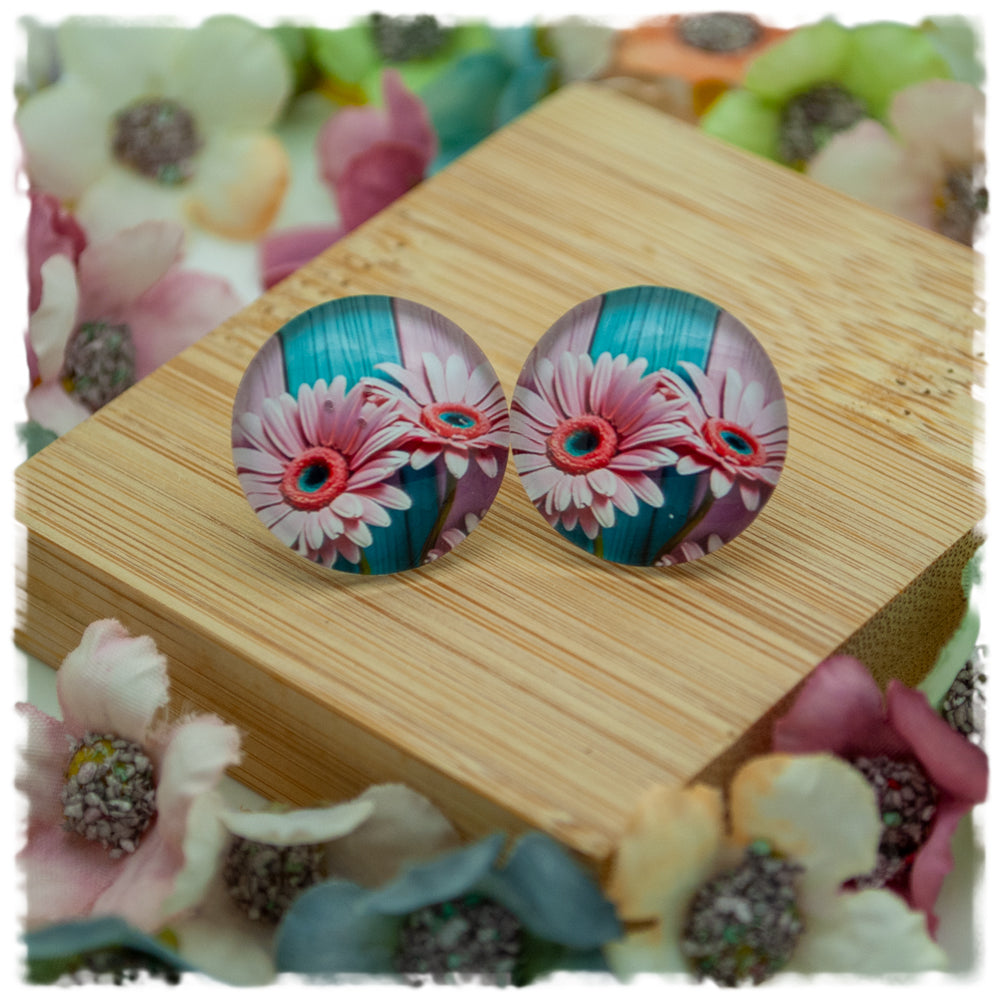 Ohrringe Holzdekor in rosa und türkis mit rosa Blumen - Jackelina