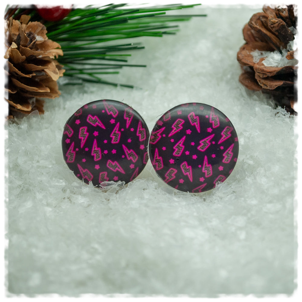 Ohrringe in 20 mm schwarz mit pinken Blitzen