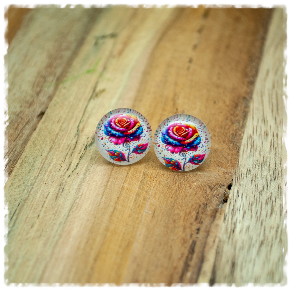 Ohrringe in 14 mm beige mit bunter Rose