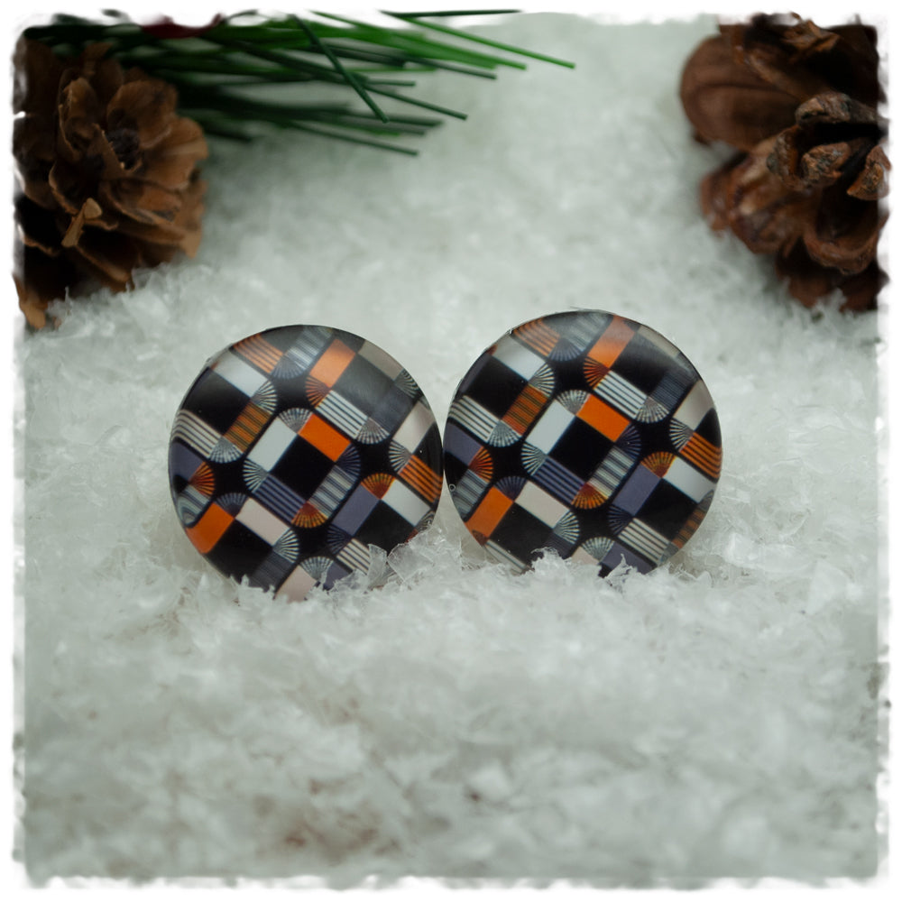 Ohrringe in 20 mm schwarz - weiß - orange gemustert