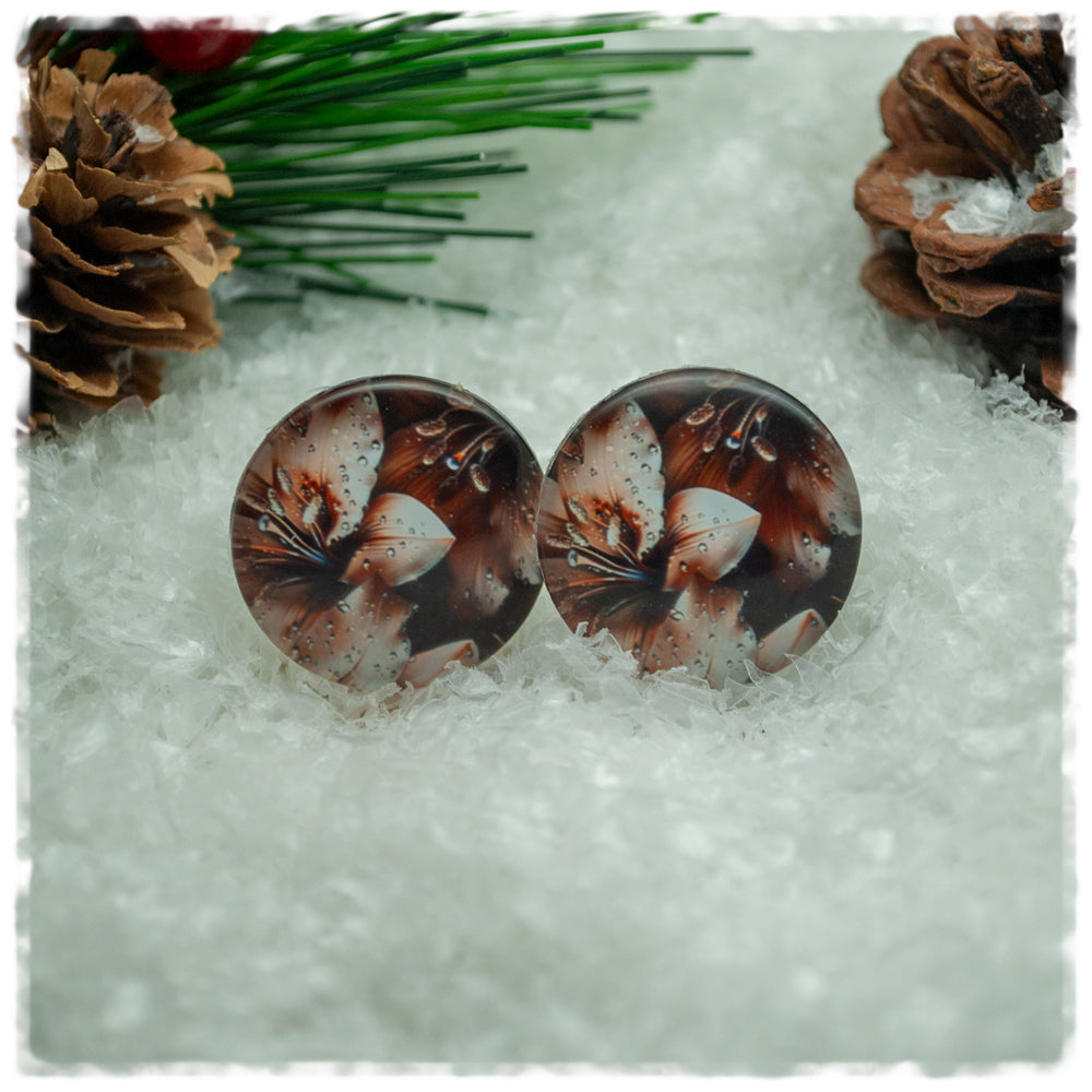 Ohrringe schwarz mit braun-beigen Blüten