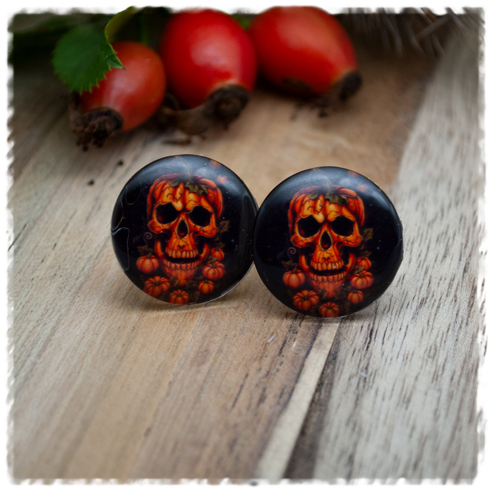 Ohrringe in 20 mm schwarz mit Kürbistotenkopf