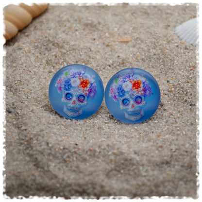 Ohrringe hellblau mit Totenkopf und bunten Blumen