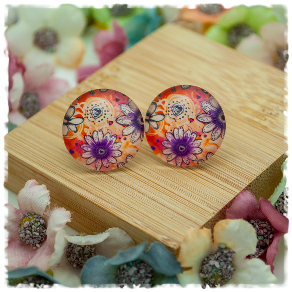Ohrringe orange mit Blüten in grau und lila - Jackelina