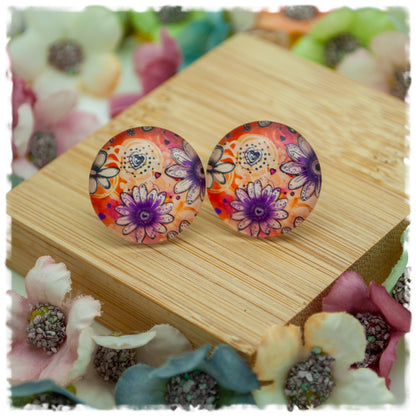 Ohrringe orange mit Blüten in grau und lila - Jackelina