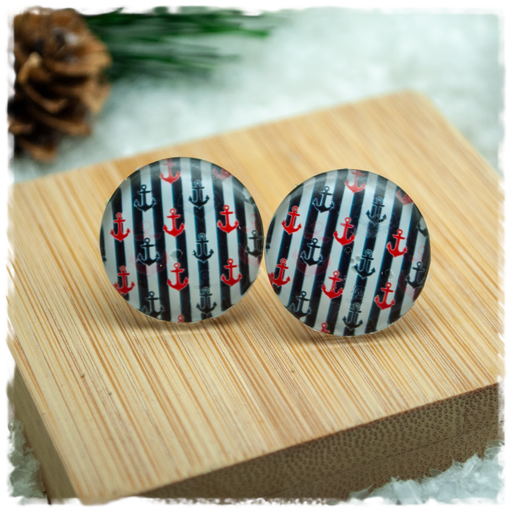 Ohrringe schwarz weiß gestreift mit kleinen Ankern