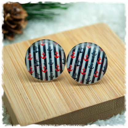 Ohrringe schwarz weiß gestreift mit kleinen Ankern