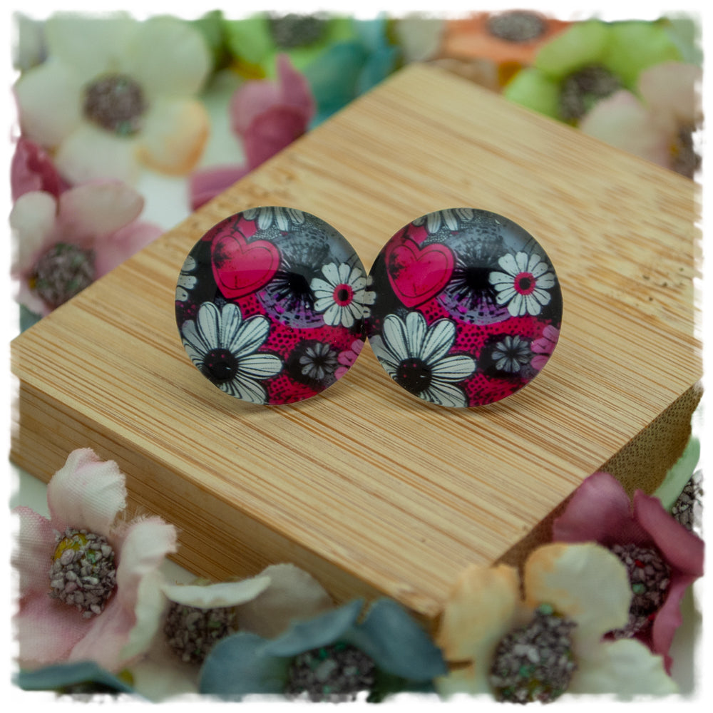 Ohrringe grau - pink mit weißen Blüten und Herz - Jackelina