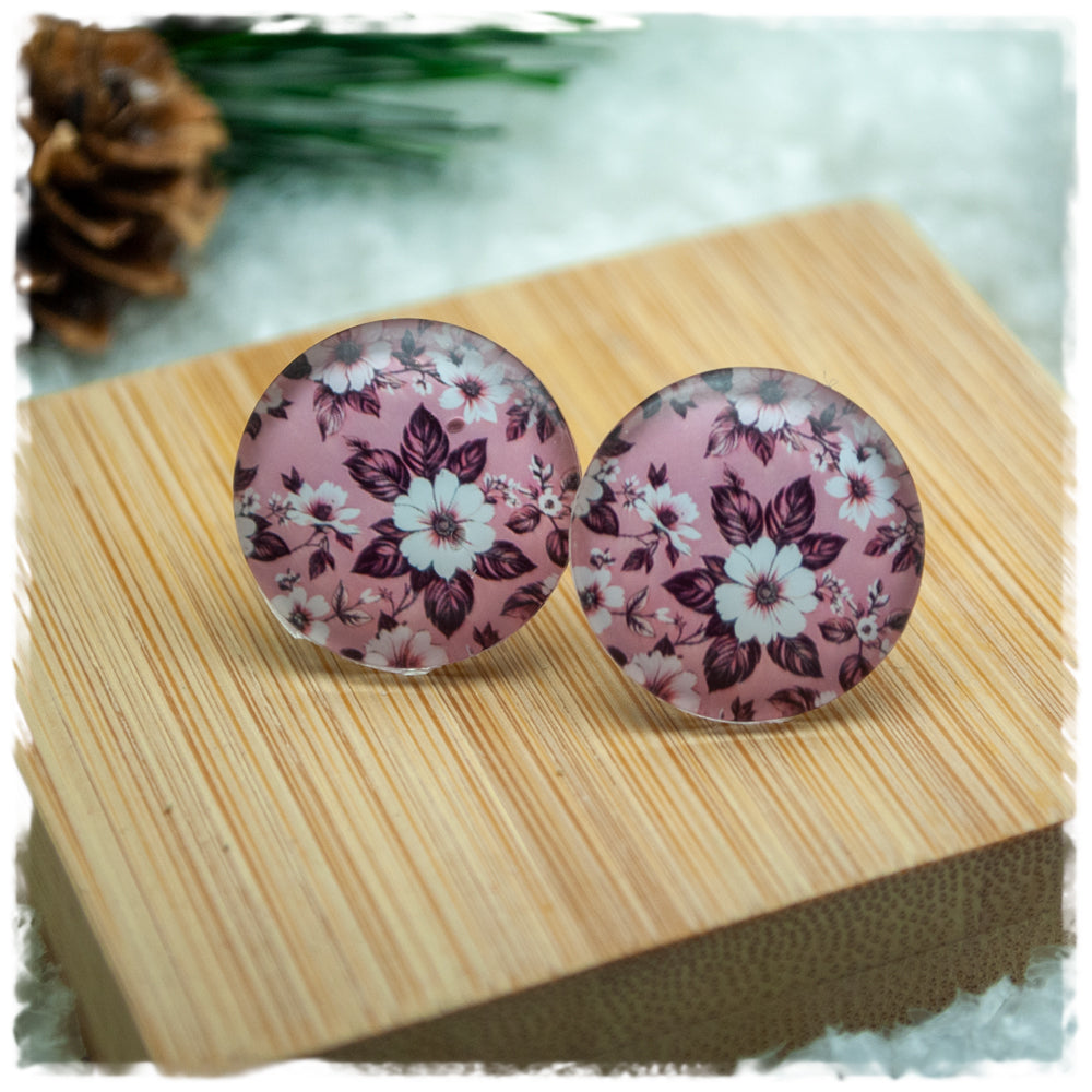 Ohrringe in 20 mm rosa mit weißen Blüten