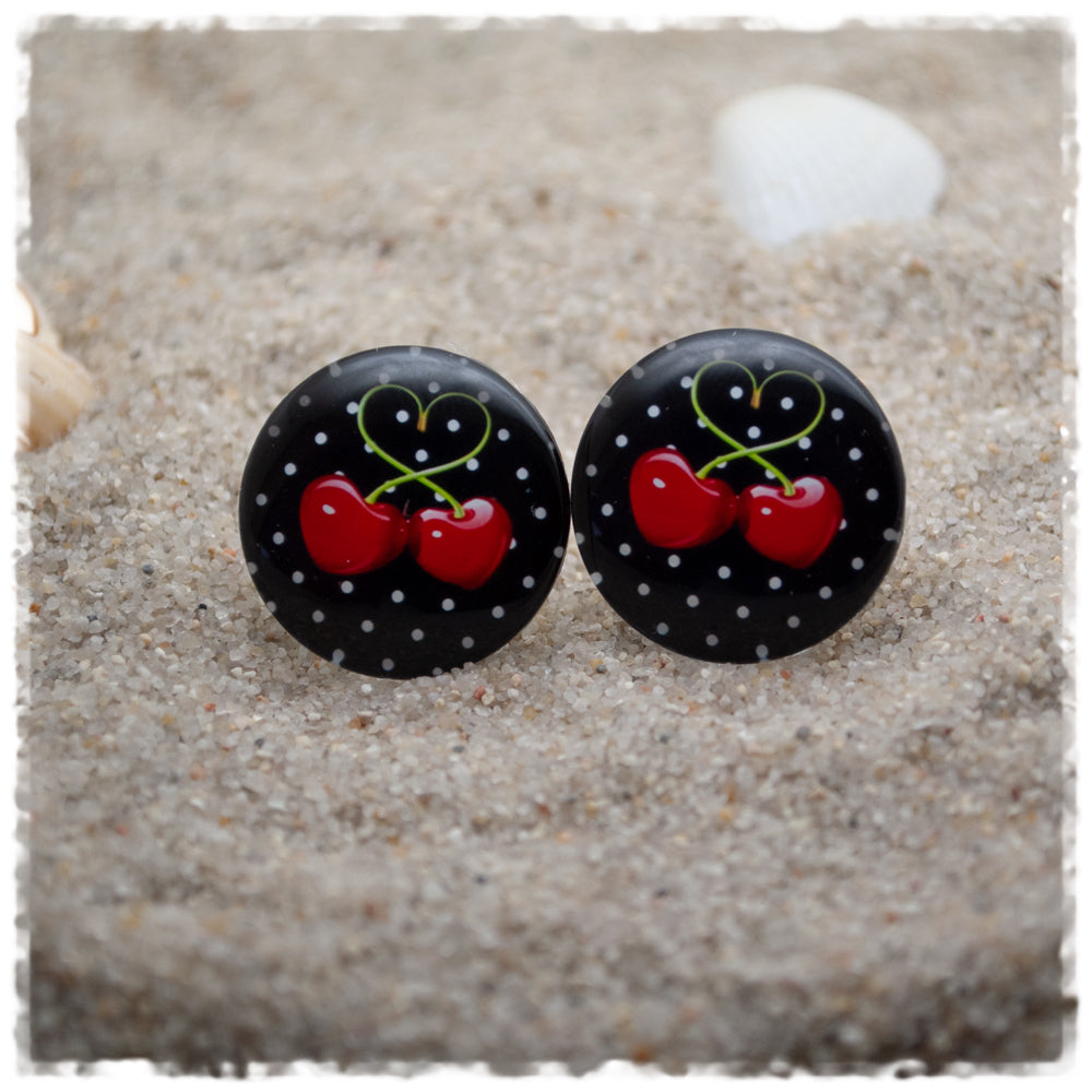 Ohrringe schwarz mit weißen Punkten und Kirschen - Jackelina