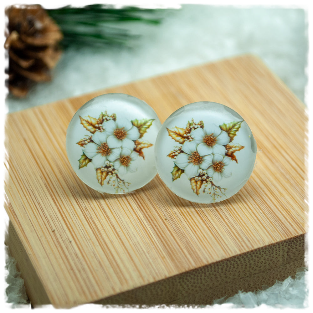 Ohrringe in 20 mm weiß mit weißen Blüten und goldenen Blättern