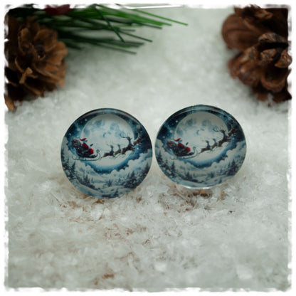Ohrringe dunkelblau mit Rentieren, Schlitten und Weihnachtsmann