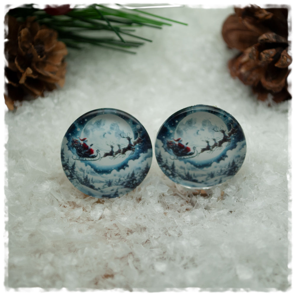 Ohrringe in 20 mm hellblau mit Weihnachtsmann , Schlitten und Rentieren