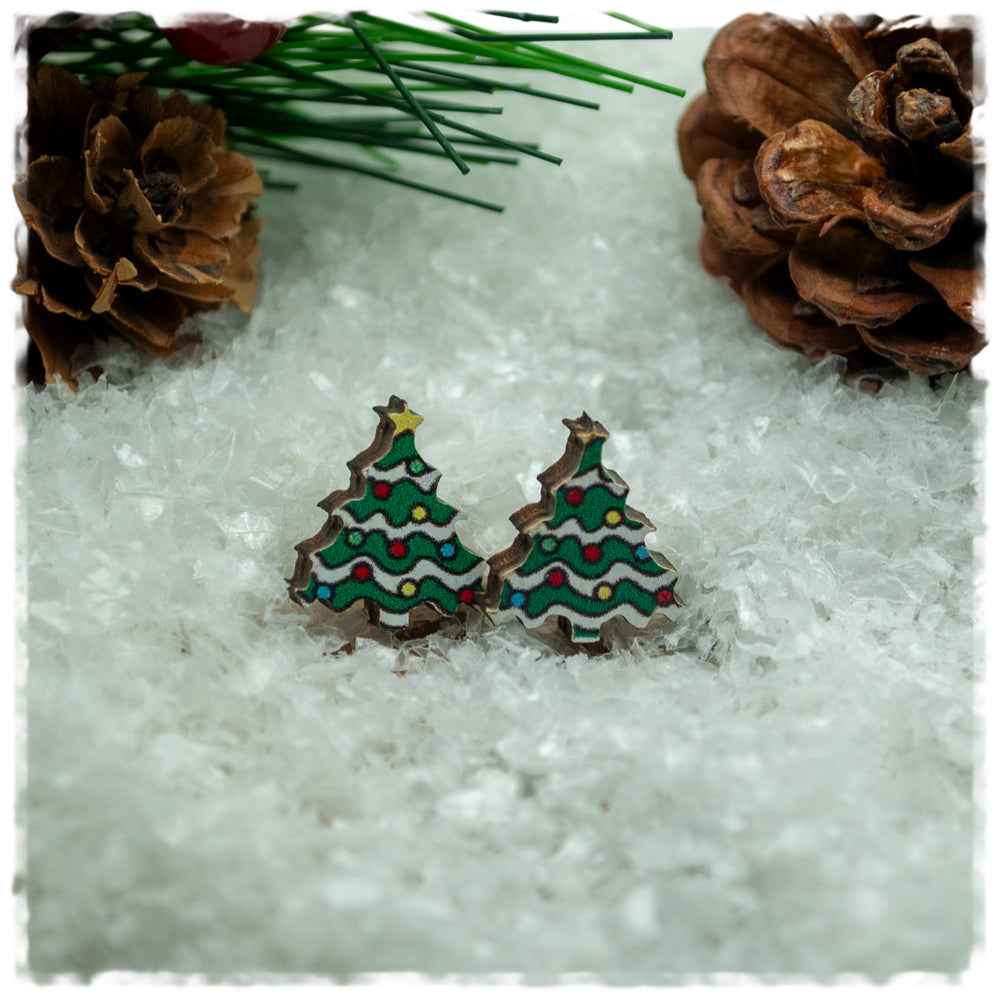 Holzohrringe in 14 mm geschmückter Weihnachtsbaum