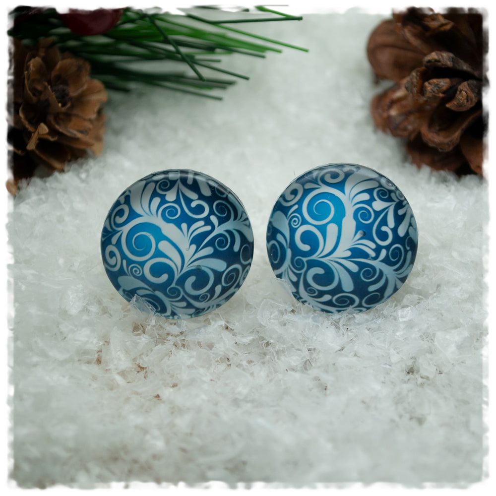 Ohrringe blau mit weißen Ornamenten (AKTION)