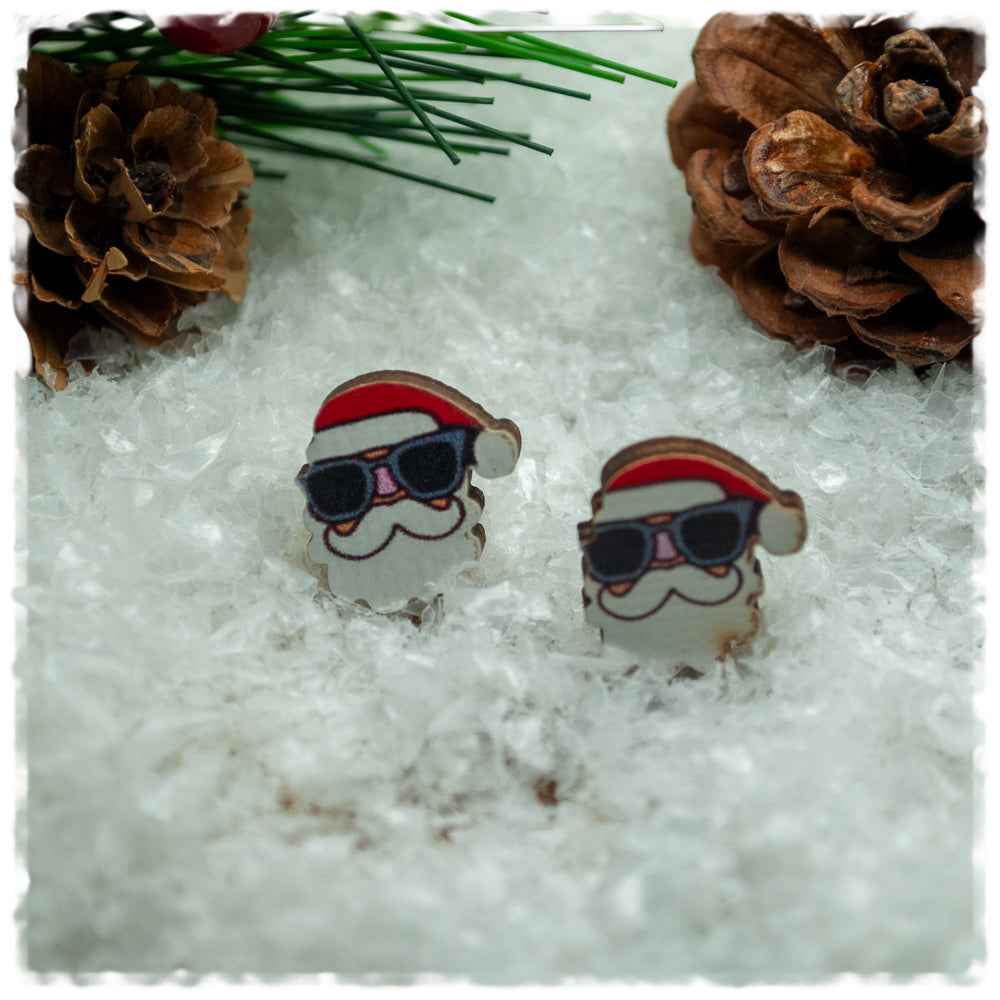 Holzohrringe in 14 mm Weihnachtsmann mit Sonnenbrille