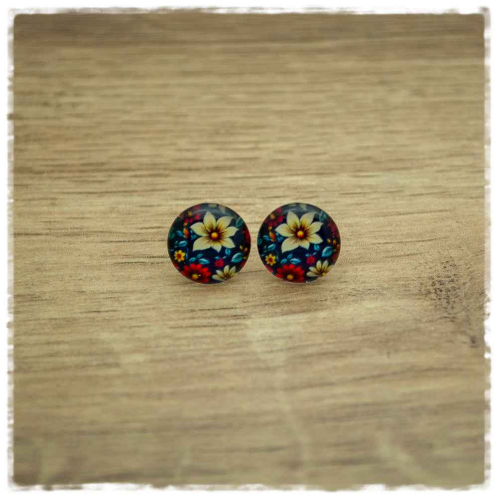 Ohrringe in 12 mm dunkelblau mit roten und beigen Blüten