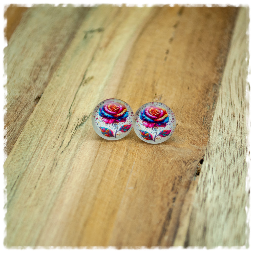 Ohrringe in 12 mm beige mit bunter Rose