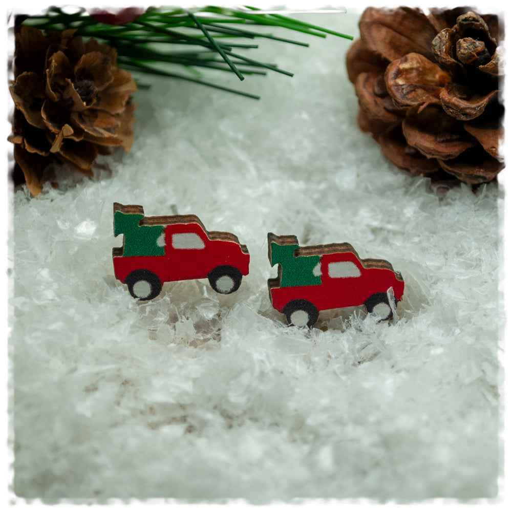 Holzohrringe in 14 mm roter Weihnachtspickup