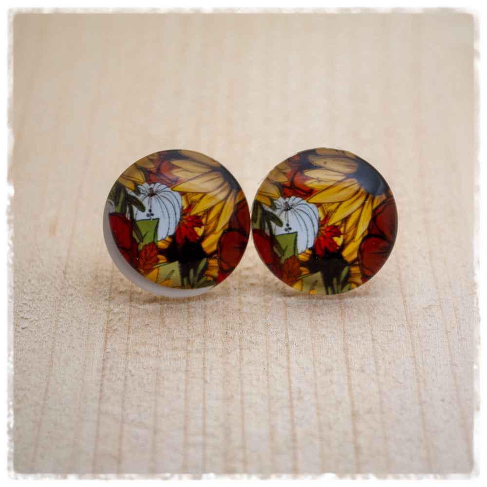 Ohrringe in 20 mm Mit Sonnenblume und weißem Kürbis (B-WARE)