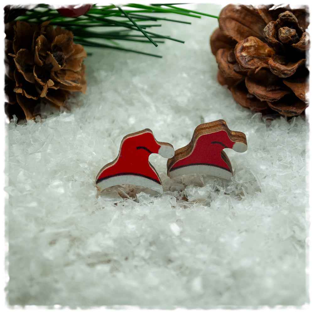 Holzohrringe in 14 mm rote Weihnachtsmütze