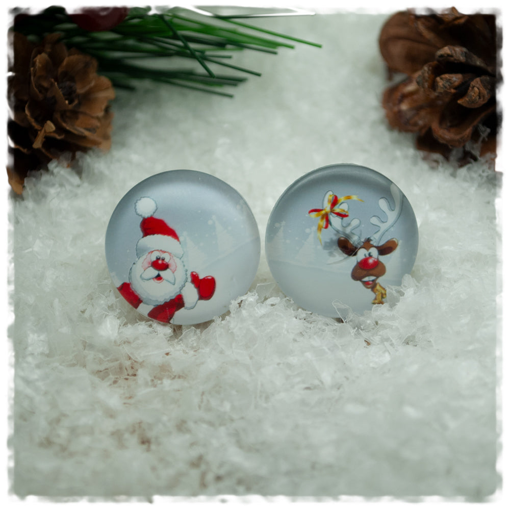 Ohrringe hellgrau mit Weihnachtsmann und Rentier