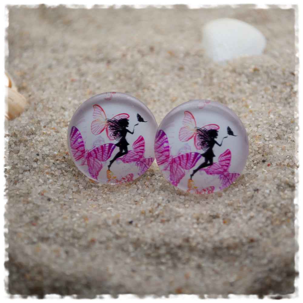 Ohrringe in 20 mm weiß mit pinken Schmetterlingen und Tänzerin