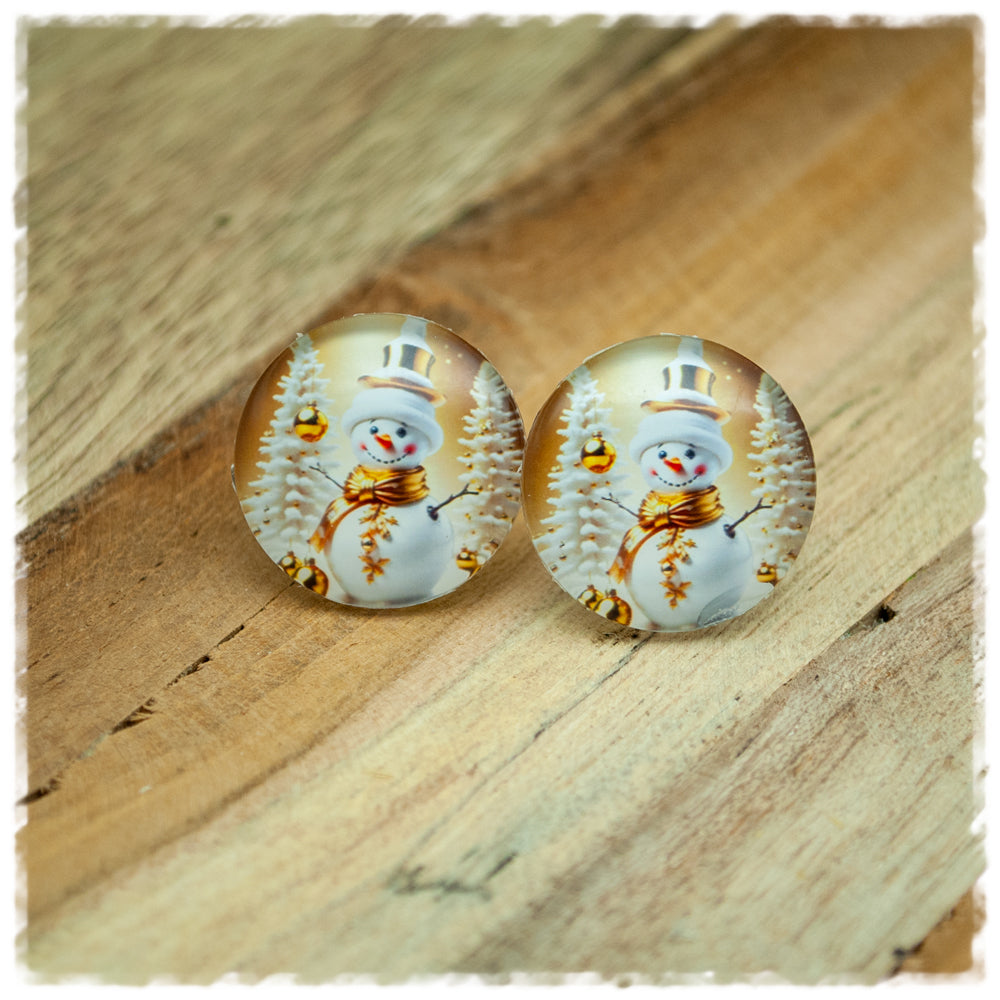 Ohrringe goldgelb mit Schneemann und weißen Tannenbäumen