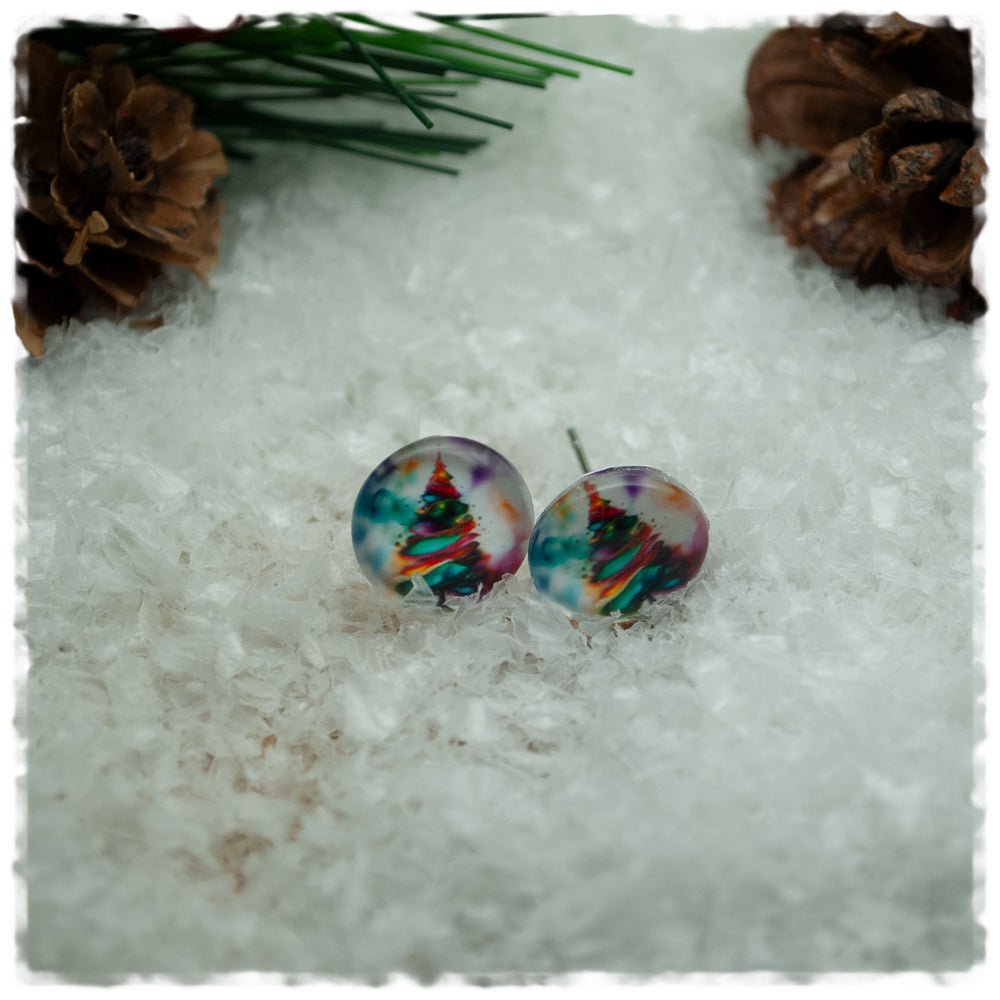 Ohrringe bunter Hintergrund mit buntem Tannenbaum