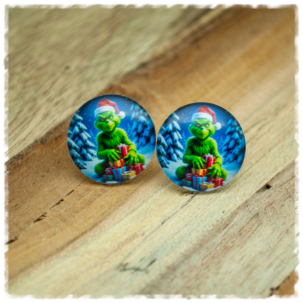 Ohrringe blau mit Tannen und grünem Weihnachtsmonster