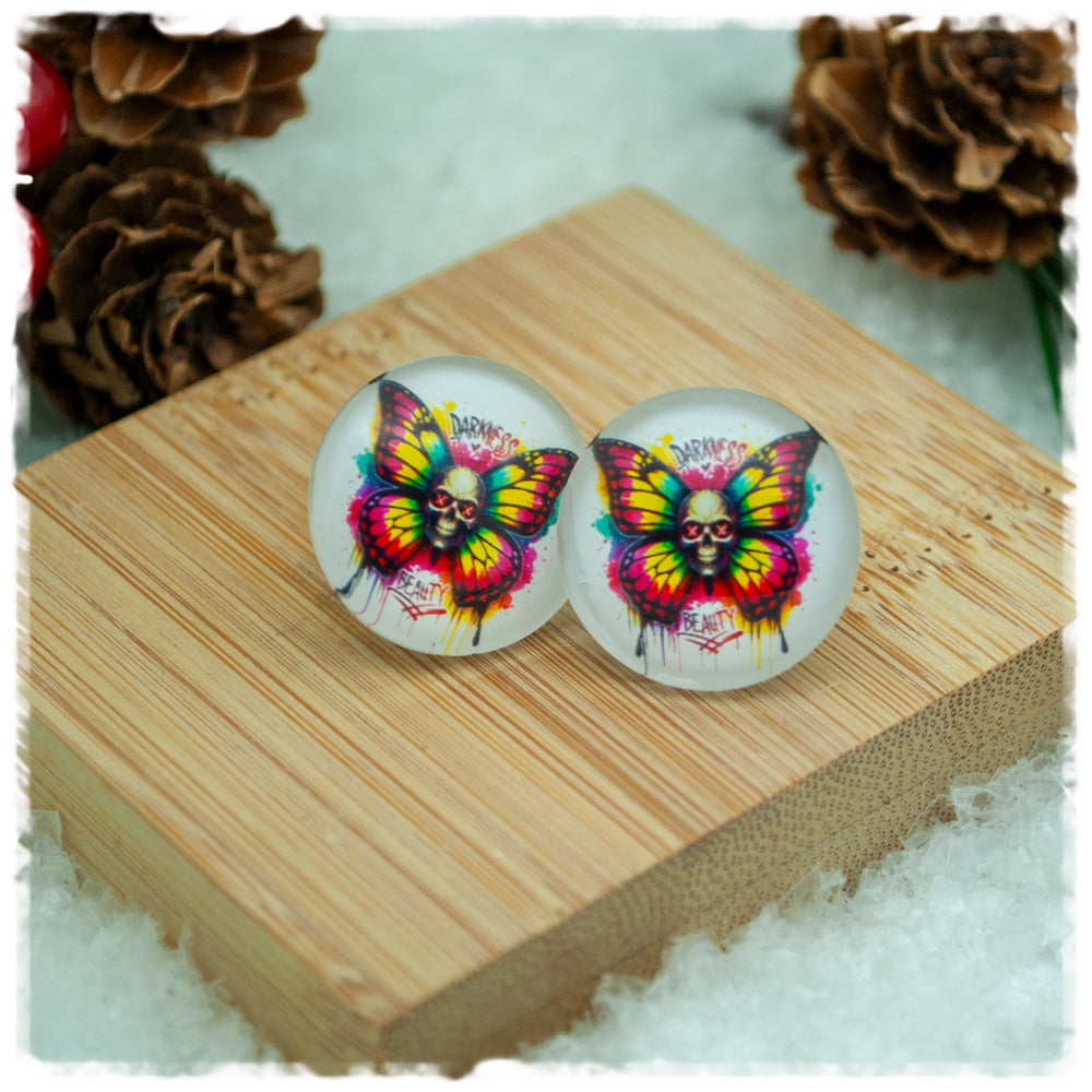 Ohrringe in 20 mm weiß mit buntem Totenkopf - Jackelina
