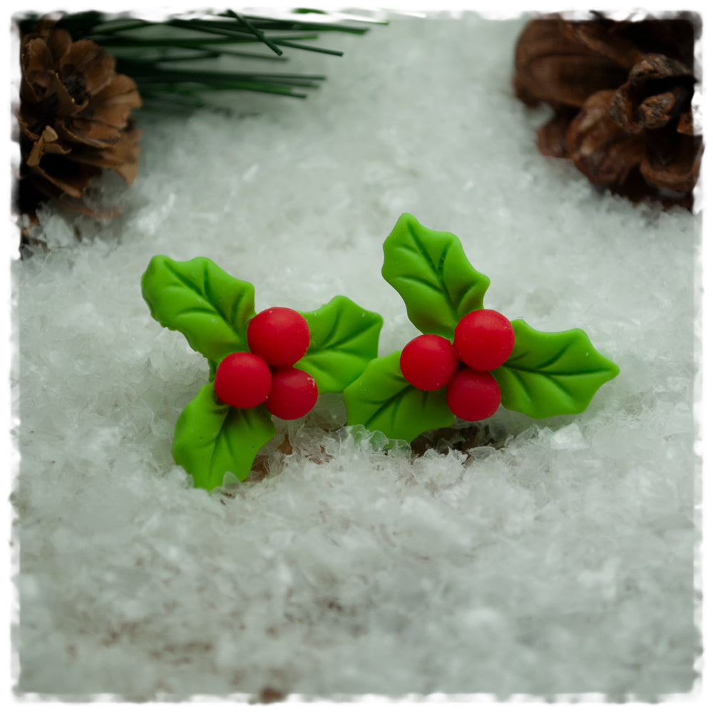 Ohrringe in 20 mm grüne Blätter mit roten Beeren