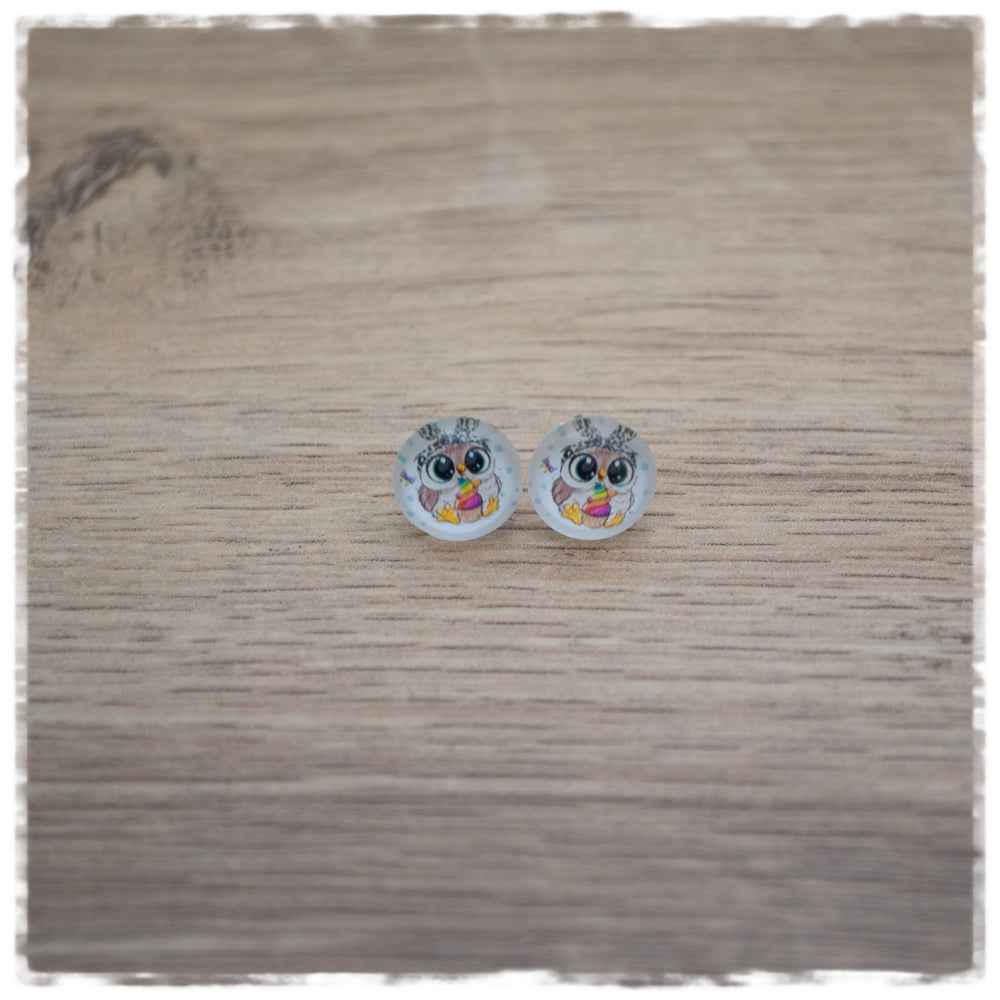 Ohrringe in 10 mm Eule mit Leoprintschleife
