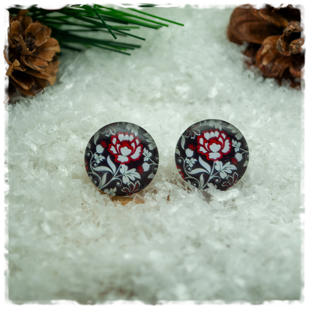 Ohrringe in 16 mm schwarz mit weißen Blättern und roter Rose