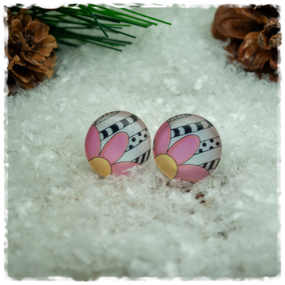 Ohrringe in 16 mm schwarz weiß gemustert mit rosa Blüte