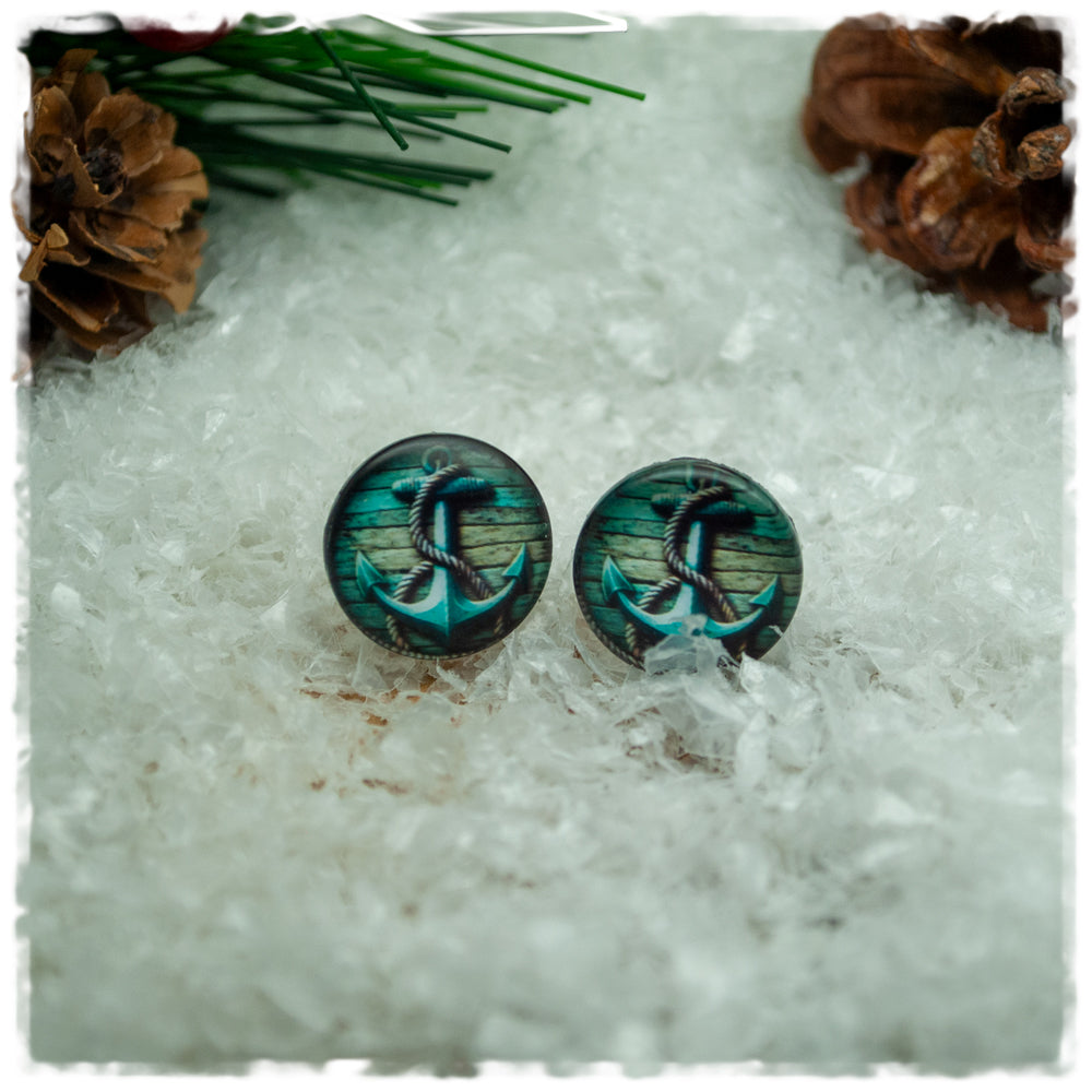 Ohrringe in 14 mm Holzdekor petrol mit Anker
