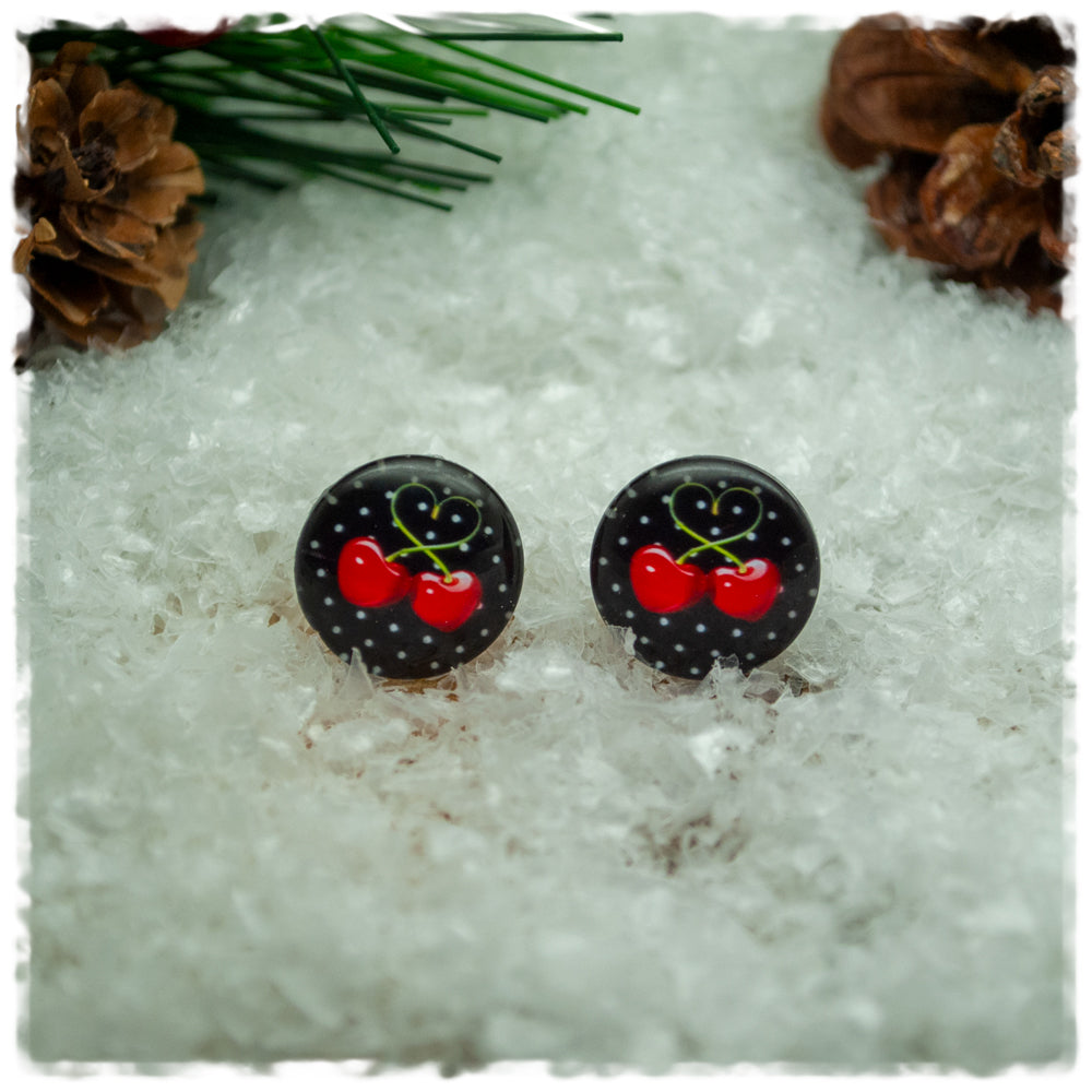 Ohrringe in 14 mm schwarz mit weißen Punkten und Kirschen